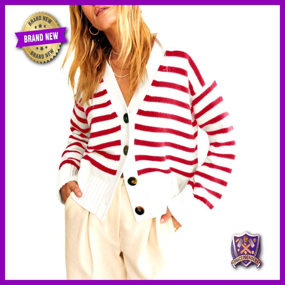 Striped V-Neck Cardigan Button Down Long Sleeve Open Front Ribbed Knit